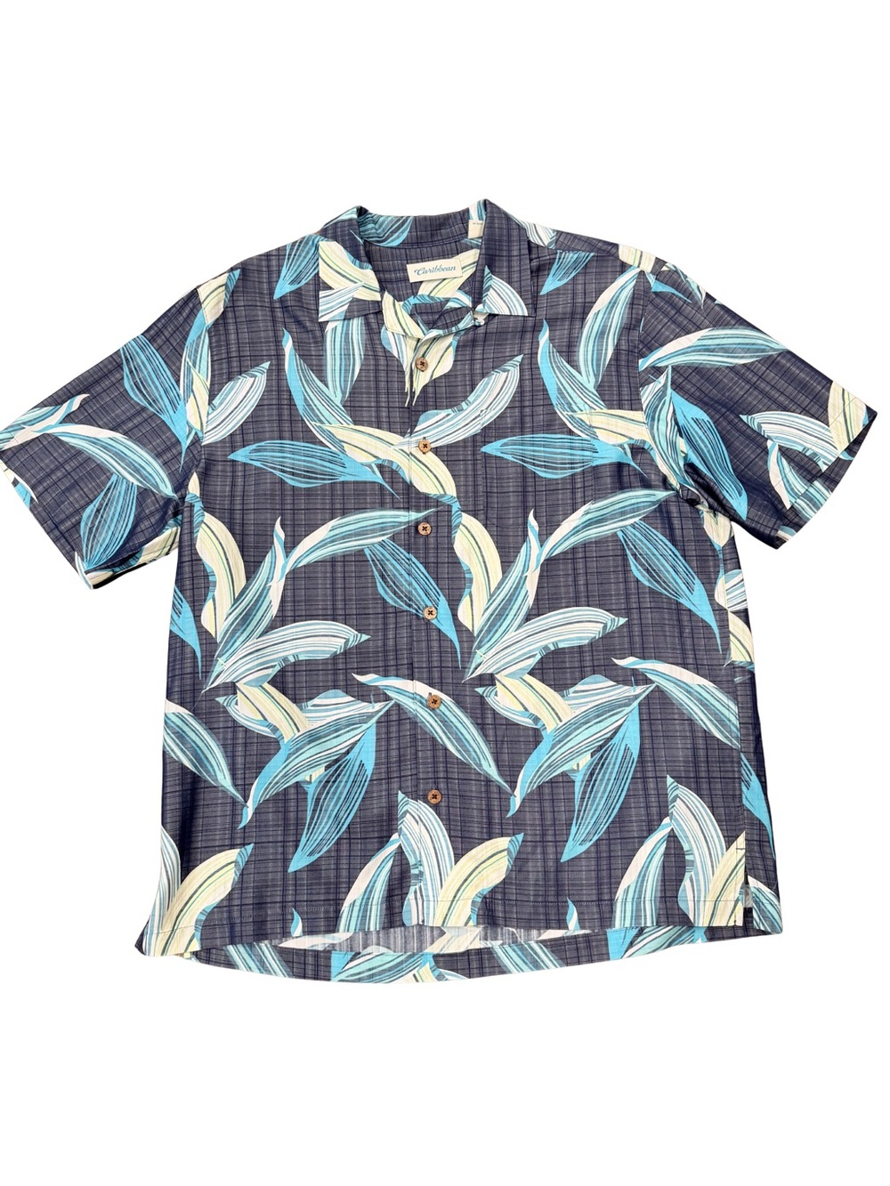 Caribbean Men's Short-Sleeve Button-Down Shirt in Blue and Cream Leaf Print